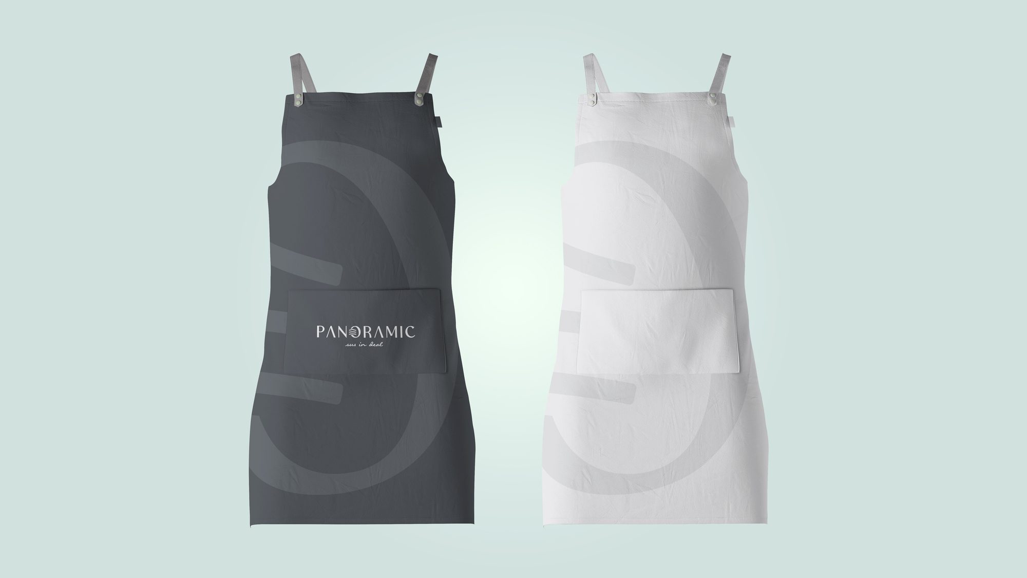 Panoramic branded staff aprons in dark and light tones