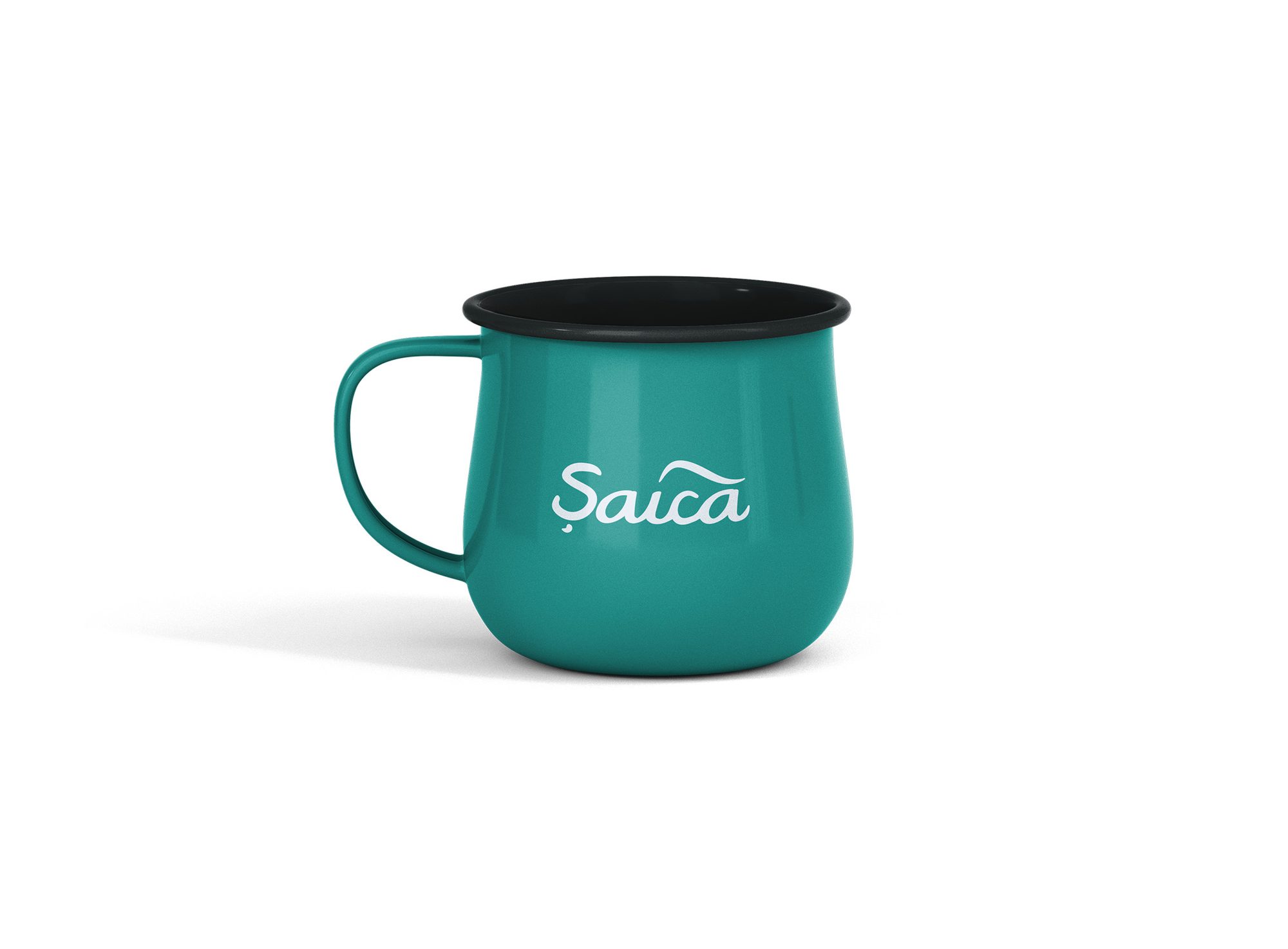 Saica Hut enamel mug carrying the wordmark